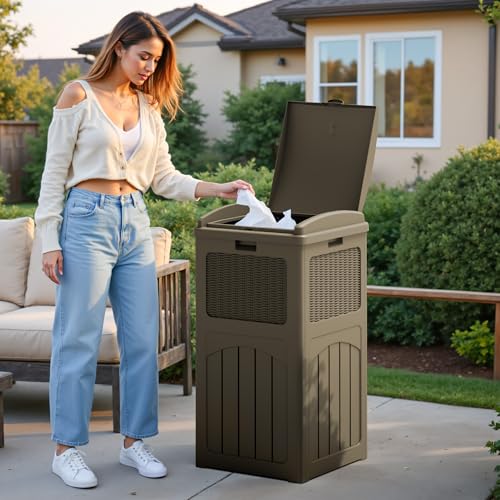 Flamaker 30 Gallon Trash Can, Resin Outdoor Garbage Can with Lid 2 Pack - color: Brown, size: 2 Packs