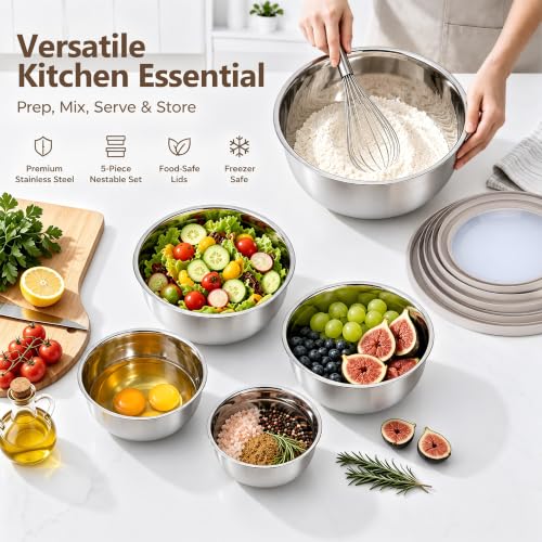 E-far Mixing Bowls with Lids Set of 5, Stainless Steel Nesting Salad Bowls - color: Khaki