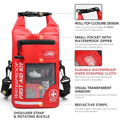 250 PCS IPX6-Waterproof First Aid Kit, Roll Top Reflective Boat Safety Bag