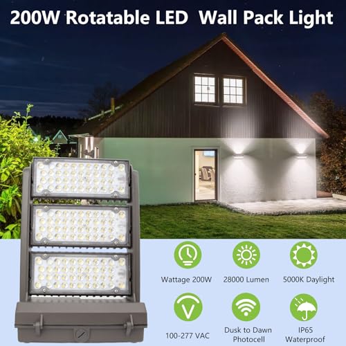 Rotatable LED Wall Pack Light with Dusk to Dawn Photocell, 200W 28000LM 800-1000W HPS/HID Equiv., 5000K Daylight ETL Commercial Outdoor Security Lighting for Warehouse, Entrance, Parking, Garage - size: 200W