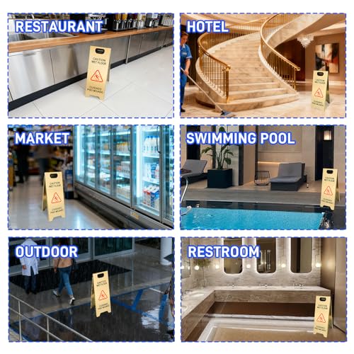 4 Pack Stainless Steel Wet Floor Sign, 24 Inch Caution Wet Floor Sign Portable Foldable Bilingual Safety Warning for Hotel Market Restroom Restaurant Office (Gold) - color: Gold