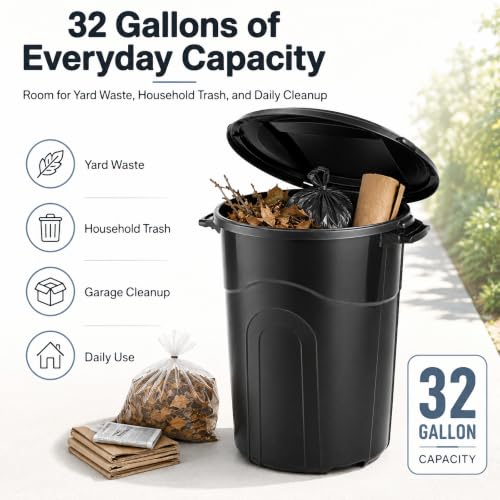32 Gallon Outdoor Trash Can with Locking Lid, Plastic Garbage Bin - size: 32-Gallon Round