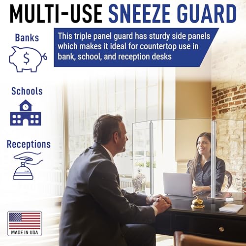 Foldable 3-Panel Economy Plexiglass Sneeze Guard with Full Length Sides for Counters or Tables - Checkout Barrier (23.5"W x 31.5"H) - Shields and Protects from Coughing and Sneezing