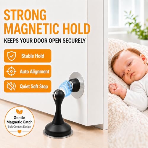 YDAJIURI 2Pack Magnetic Door Stop No Drilling Door Stop with 3D Adhesive Tapes Keep Door Open Door Stainless Steel Screws for Stronger Mount (Black) - color: Black, size: 2 Pack