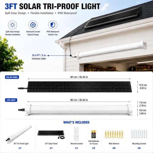 MMKT Solar Powered Shed Light with Motion Sensor & Remote Control, LED Ceiling Light, IP65 Waterproof Split Solar Light for Garage, Shop, Barn, Carport - size: 3FT