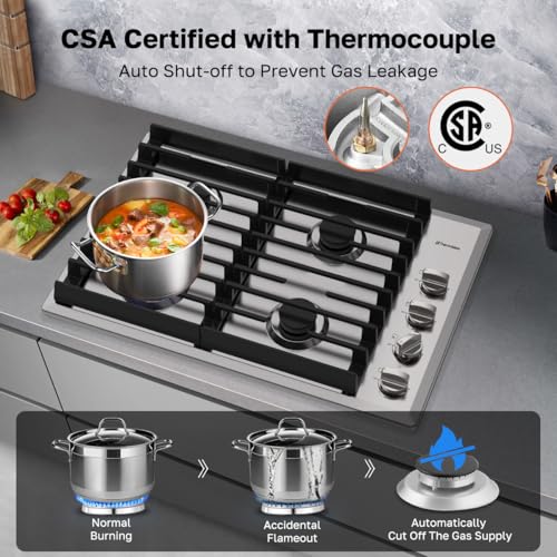 ThermoMate Heavy 30 Inch Gas Cooktop with 4 Italy Sabaf Power Burners, Built In Gas Stove Top of 304 Stainless Steel, NG/LPG Convertible with Thermocouple Protection CSA Certified - size: 30 inch 4 burners