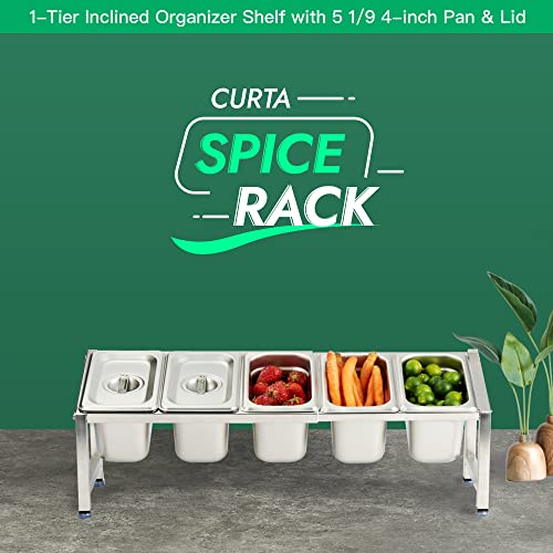 CURTA Expandable 18/8 Stainless Steel Spice Rack Set, NSF Certified, 1-Tier Inclined Organizer Shelf with 5 1/9 4“ Pan&Lid, 13.8" - 23.6" Adjustable, Countertop Holder for Seasoning Ingredients - size: 5 Pan Stainless Steel