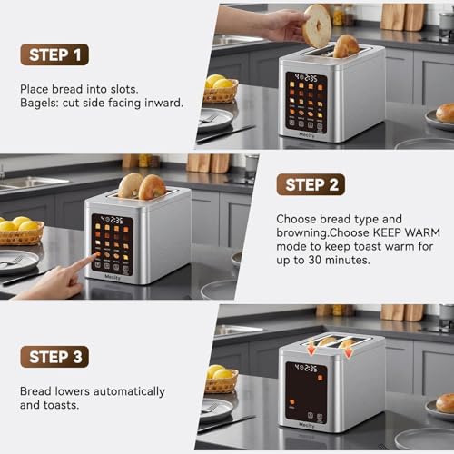 Mecity 2 Slice Smart Touchscreen Toaster, Stainless Steel Wide Slot Toasters with Auto Lift & 30-Minute Warm, Memory Function, Defrost & Auto Shutoff, Digital Electric Bread Toaster for Bagels - color: 2 Slot-Brushed stainless steel