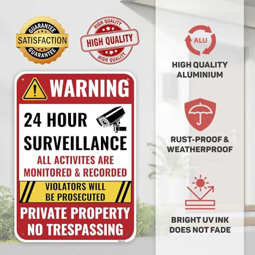 2PC 24 Hour Surveillance Sign, 14 x 10 Inches - Aluminum - Private Property No Trespassing - Security Camera Metal Warning Signs