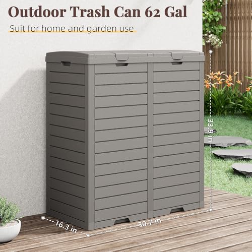 Outdoor Trash Can with Lid and Drip Tray, Waterproof Resin Hideaway Outdoor Garbage Can, Large Trash Can Outside for Patio, Garage, Backyard, Garden, Deck, Pool, Gray (62 Gallon) - color: Gray, size: 62 Gallon