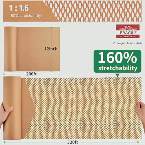 Honeycomb Packing Paper - Biodegradable Bubble Wrap Alternative 12"x200 FT, 80gsm with 20 Fragile Sticker Labels | Eco-Friendly Cushioning for Shipping, Moving & Small Business Packaging,Fragile Items - size: 12 Inch x 200 Feet