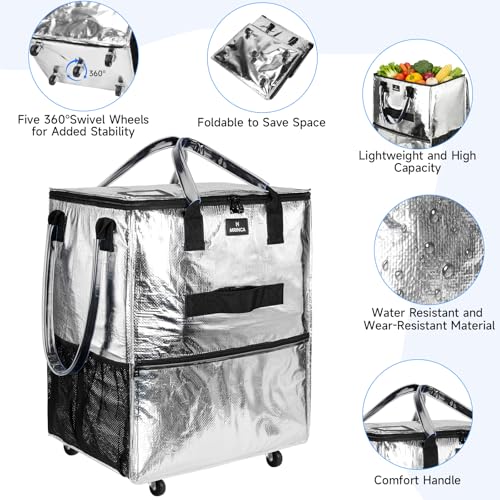 Large Reusable Grocery Bag On 5 Wheels, 130L Foldable Rolling Tote Bag - color: Silver, size: Large