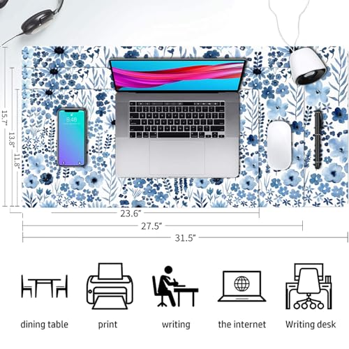 Floral Desk Mat, Cute Flower Large Mouse Pad Navy Blue 31.5"x15.7" - color: A Flowers - Navy Blue, size: 31.5" x 15.7"