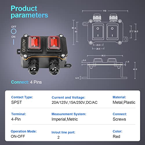 Waterproof On Off Toggle Switch Double Switch/Outlet with Red Light Rocker Button Inline Cord Switch DPST AC/DC 20A-125V,16A-250V,30A-24V,35A-12V, IP66 - color: Red/2 Switch/2 Outlet