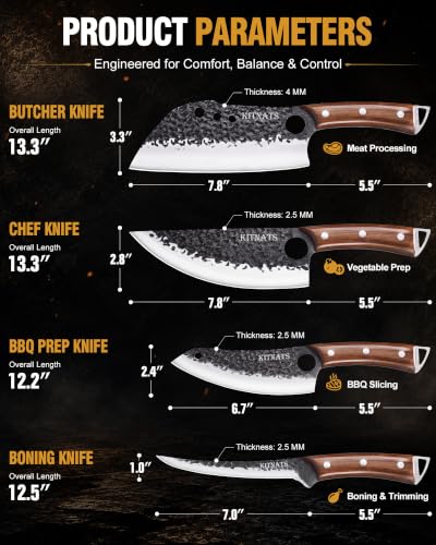 KITNATS 4PCS Butcher Knife Set, Hand Forged Full Tang BBQ Knives - color: Brown-4PC Butcher Knife Set