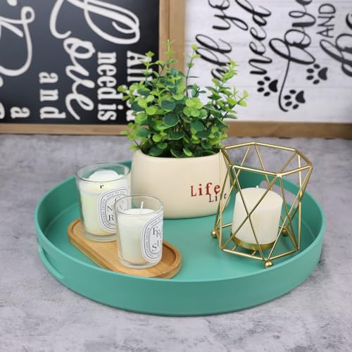 Round Green Decorative Serving Tray with Handles, 13” Versatile Ottoman Tray for Coffee Table, Entertaining, Outdoor Patio, Living Room - color: Green, size: 13"