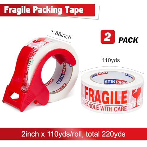Fragile Tape with Dispenser 2 Inch x 330 Feet (110 Yards) 2 Rolls, Total 220 Yards, Heavy Duty Fragiles Handle with Care Tape for Shipping, Sealing and Moving Box