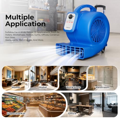 Air Mover Blower Fan, 1/2 HP Floor Dryer, 1800 CFM 3 Speed Adjustable Wide Angle Airflow, Swivel Wheels Telescopic Handle 7ft Cord, Carpet Floor Commercial Use