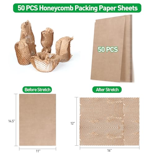 MAXECHO 50 Sheets Honeycomb Packing Paper Expanded Size 12" × 16" Unexpanded Size 14.5" × 11" Bubble Cushioning Wrap for Moving Shipping Products Gifts Wrapping Essentials Packaging Materials Supplies - size: 11" × 14.5"
