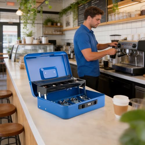 Cash Box with Snap Latch Combination Lock and Sliding Coin Lid, Secure Cash Box with Money Tray and Lock, Durable Safe Money Box for Home and Office,Blue,11.8"L x 9.5"W x 3.5"H - color: Deep Cobalt