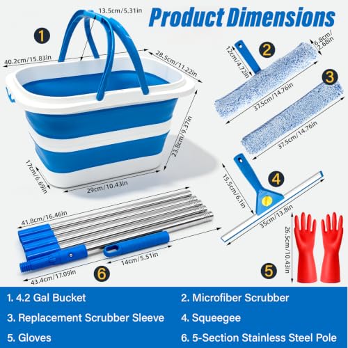 Window Cleaning Kit with Collapsible Bucket 4.2 Gallon for Home Outdoor