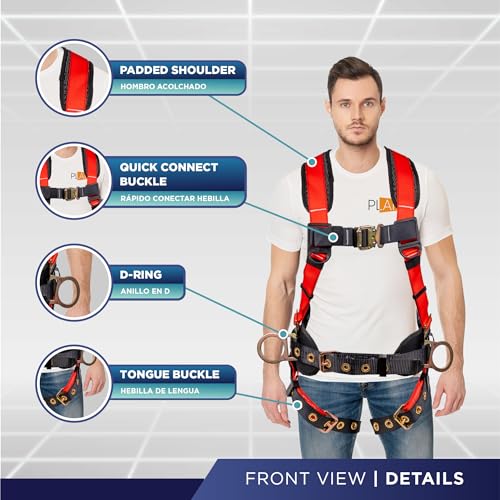 Palmer Safety Hammerhead 5pt Safety Harness Back Padded, QCB Chest, Tongue Buckel Legs Straps, Back & Side D-Rings - color: Red, size: Medium