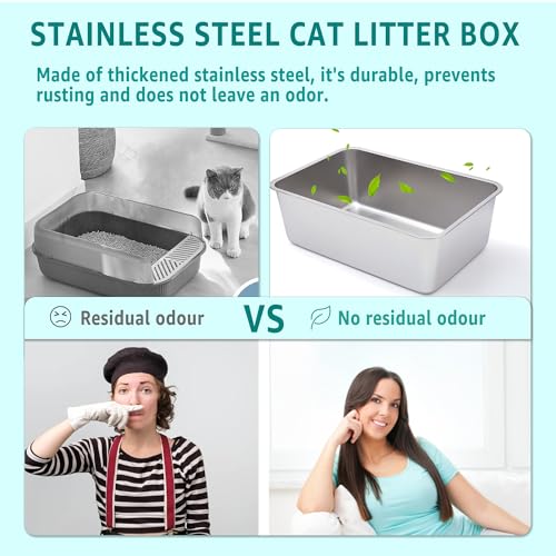 Stainless Steel Litter Box,XXL Metal Cat Litter Box for Big Cats 8IN Deep, Cat LitterBox High Sided Pet Toilet Easy to Clean,Cats Litter Pan for Adult Cats,Non Stick, No Smell - color: 23.6" L x 15.7" W x 8" H