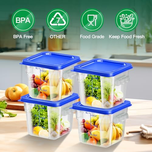 4 pcs 6qt Food Storage Containers with Lid, Square Clear Commercial Food Storage Containers with Handle and Scale for Food Storage in Home Kitchen & Dining (Blue) - color: C3-6QT-4PCS-BLUE
