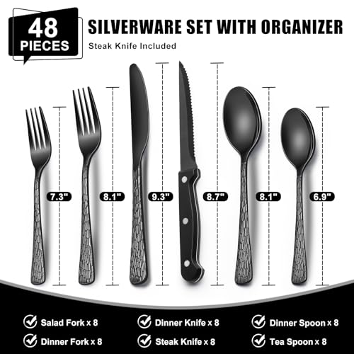 49-Piece Black Silverware Set with Organizer, Food-Grade Stainless Steel Black Flatware for 8, Cutlery Utensil Sets with Steak Knives, Rust-proof, Mirror Polished, Dishwasher Safe, Tree Pattern - style: Tree Pattern
