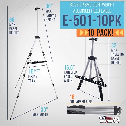 U.S. Art Supply 66" Silver Metal Tripod Easel Display, 10-Pack
