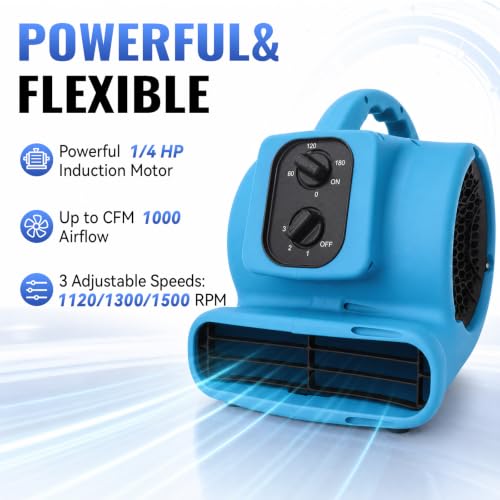 Air Mover 1/4 HP 1000 CFM, Portable Centrifugal Blower Fan, Floor Drying, Daisy Chain, Stackable, with Timer, for Water Damage Restoration, Janitorial, Home, Commercial Use - size: 1/4HP-1000CFM