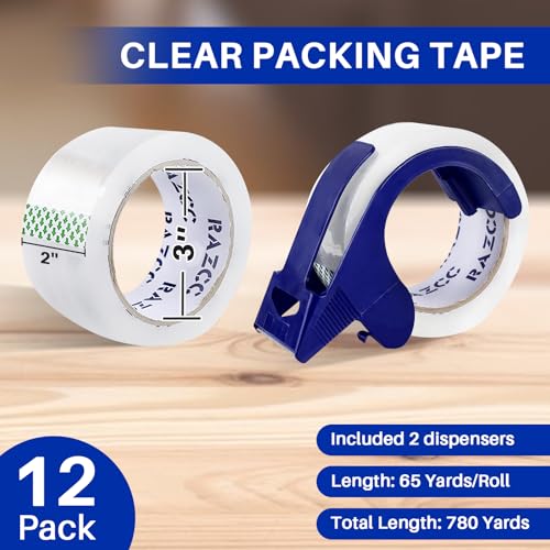 RAZCC Clear Packing Tape, 12 Rolls Heavy Duty Packaging Tape with Dispensers for Packing Shipping Moving and Sealing, Thicker Packing Tape-2" x 65 Yards Per Roll, 780 Total Yards - size: 2"-12 Rolls