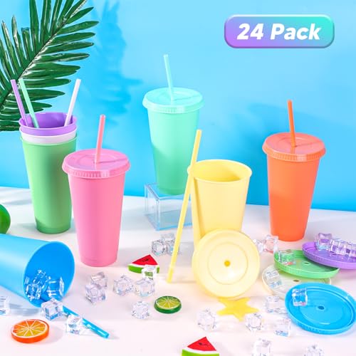 24 Pack Plastic Tumblers with Lids and Straws, Reusable Cups with Lids Plastic Colorful Cups for Parties Birthdays, Iced Coffee Cup Cold Drink Cups Bulk Tumblers (24 oz, Macaron Colors) - color: Macaron Colors