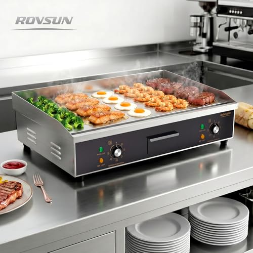 ROVSUN 30" Electric Griddle, Electric Countertop with Half Flat Top Griddle, 3000W Grill Stainless Steel with Adjustable Temperature Control 122°F-572°F for Commercial Home Restaurant, Plug - size: 30"