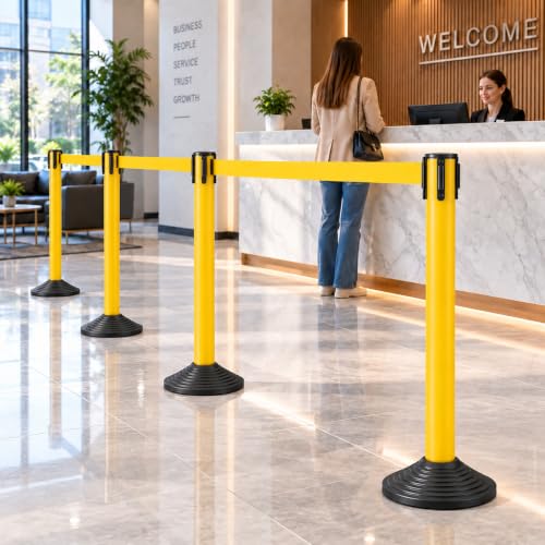 4 Pack Crowd Control Stanchions with Retractable Belts, 41 in Yellow Queue Barrier Posts with Heavy Duty 13.8 in Bases, 4-Way Retractable Belt Barriers