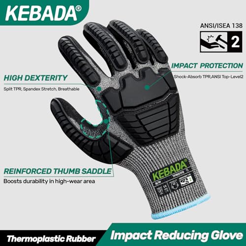 Kebada Impact Protection Gloves, ANSI A2 Cut Resistant, 1/3 Pairs - color: Black (1 Pair), size: Large