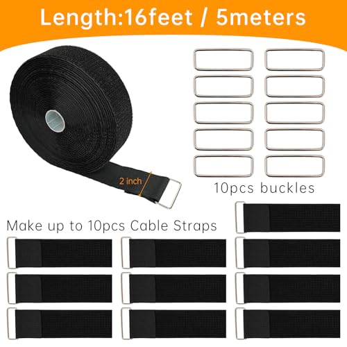 2" x16ft Hook and Loop Straps, Long Adjustable Fastening Straps with 10 Metal Buckles, Cut to Length Cinch Straps, Reusable Nylon Securing Cord Ties for Organizer or Storage - color: 2"x16ft