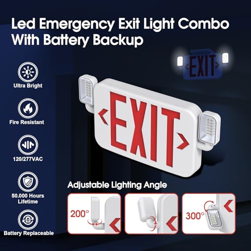 UL Led Exit Sign with Emergency Lights Battery Backup AC120/277V, 6 Pack - size: 6Pack