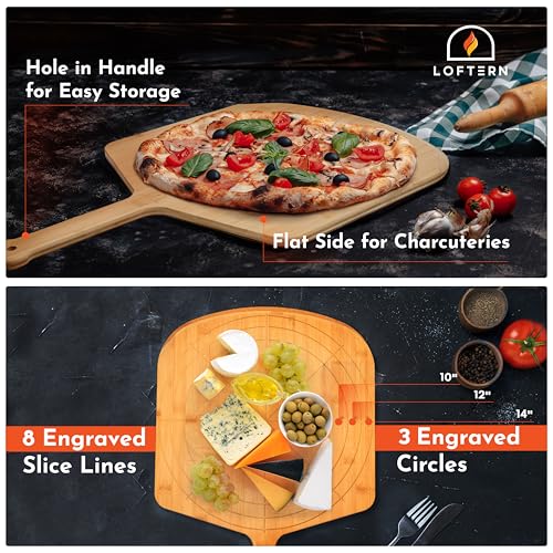 Wooden Pizza Peel 14 Inch Board with Engraved Sizes - Multi-Purpose Bamboo Pizza Cutting Board, Wood Pizza Peel, Pizza Spatula Paddle, and Serving Board with Size and Cutting Guide - color: Natural(14 inch)