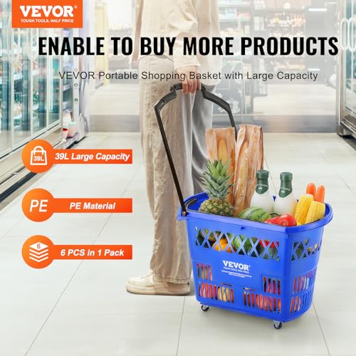 VEVOR Shopping Carts with Handles, 6PCS, 39L Plastic Rolling Shopping Basket with Wheels, Large Portable Shopping Basket Set for Supermarkets, Retail Stores, Grocery Shopping, Blue - color: Blue