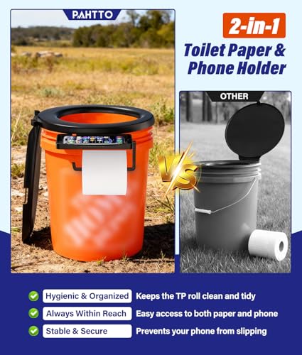 PAHTTO Portable Toilet Seat for 5 Gal Buckets, Camping Toilet Seat with Lid for Adults, Snap-on Toilet Seat with Storage Bags and Disposable Toilet Bags, Camping, Hiking, Emergency, Car, Boat - color: Black with TP&Phone Holder