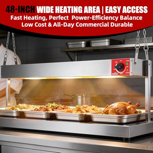 CROSSON 48 Inch Food Heat Lamp Overhead Strip Heater with German EGO Thermostat,Commercial Hanging Heating Lamp for Food Warming,Suspended Chain and Undermount Brackets,1200W - size: 48inch