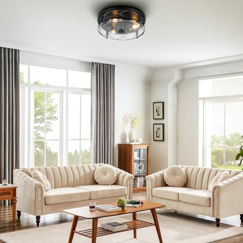 16 Inch Large Flush Mount Ceiling Light with Seeded Glass, 3-Light Black Round Ceiling Lamp, Modern Farmhouse Indoor Outdoor Ceiling Lighting for Kitchen Bedroom Living Dining Room - color: ROS578L FB