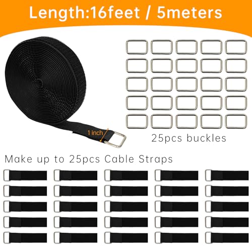 1" x16ft Hook and Loop Straps, Long Adjustable Fastening Straps with 25 Metal Buckles, Cut to Length Cinch Straps, Reusable Nylon Securing Cord Ties for Organizer or Storage - color: 1"x16ft
