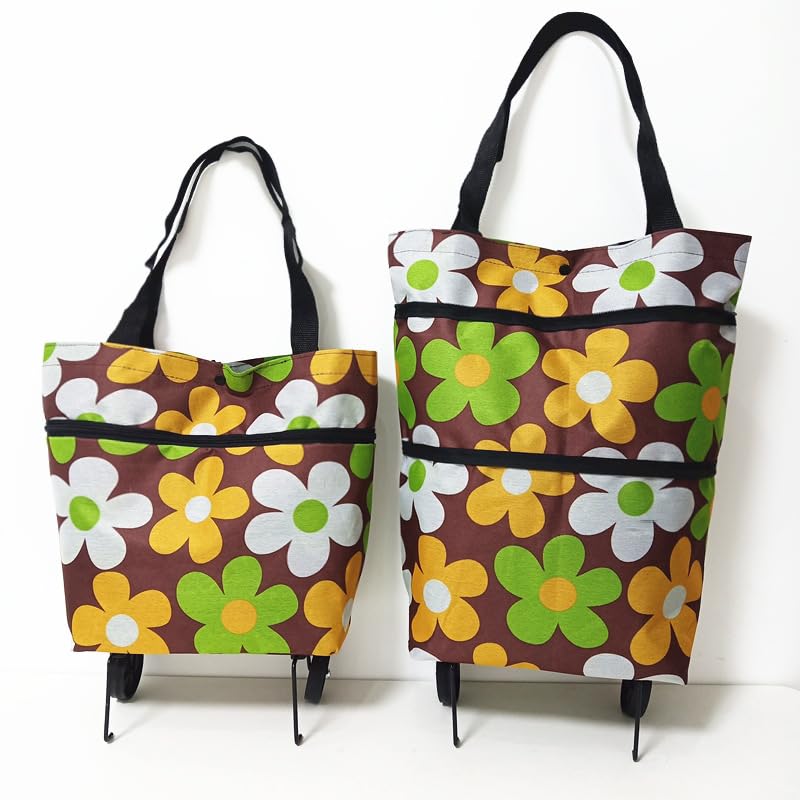 Foldable Wheeled Grocery Bag - Water-Resistant Rolling Tote - color: Coffee Flower