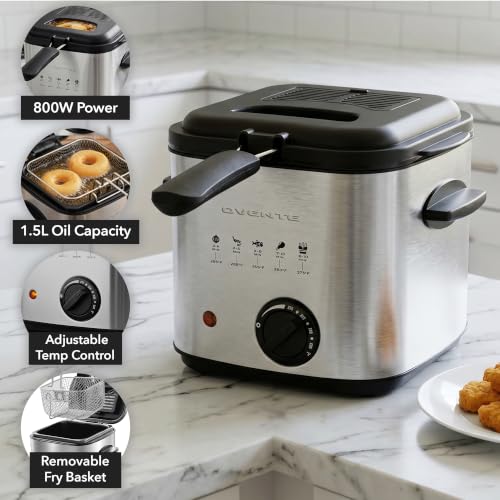 OVENTE Electric Deep Fryer, 1.5L Capacity, 800W, Silver FDM1501BR - color: FDM1501BR - Silver