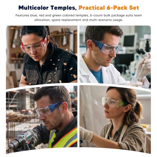 Clear Safety Glasses Over Eyeglasses 6 Pack ANSI Z87.1 Impact & Scratch Resistant Goggles Fits Over Glasses Dust/Chemical Splash Proof Protective Eyewear for Work Lab Clear Lens Blue/Red/Green Temples - color: 6 Pack/ Clear Lens/ Colourful Temples