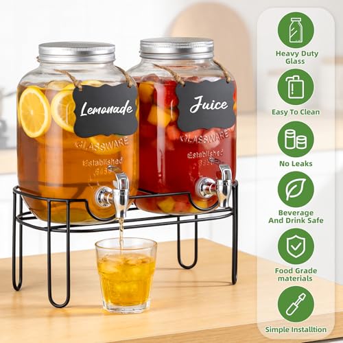 1 Gallon Glass Drink Dispensers For Parties, 2 Pack Beverage Dispenser,Lemonade Dispenser With Fruit Infuser And Stand For BBQ, Picnic, Party,Sun Tea