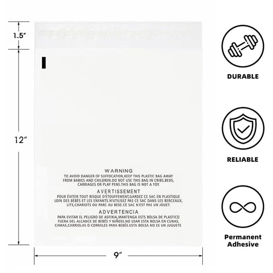 POLYSELLS 1000 Count 9x12” Clear Poly Bags with Suffocation Warning Self-Sealing Plastic Bags for Shipping, Retail Packaging, T-Shirts & Clothing - Permanent Adhesive - color: Transparent, size: 9"x12" 1000 Count