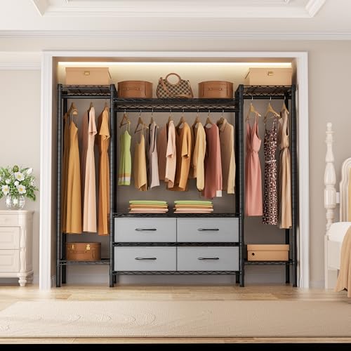 Golpart Heavy Duty Clothes Rack Metal Wardrobe with Adjustable Wire Shelves - color: Black, size: 15.75"D x 61"W x 76.5"H